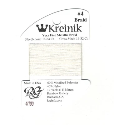 Kreinik Metallic Thread - 12 Yards of #100 White Very Fine #4 Braid #B72 - Image 1 of 2