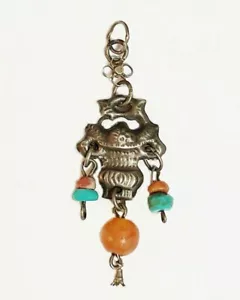 Antique Silver Pendant with Carnelian Coral & Turquoise Beads Tassel - Picture 1 of 12