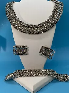 Chunky Choker Necklace Earrings & Bracelet Set Silver-Tone Clear Rhinestones VTG - Picture 1 of 12
