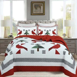 3 Pcs Winter Red Cardinals Christmas Quilt Bedspread Set Holiday Bedding - Picture 1 of 14