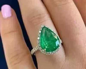 Natürlicher grüner Smaragd 3 kt Birnenschliff Träne Ehering 14 K Weißgold vergoldet - Bild 1 von 7