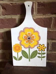 Vintage 1970s Wooden Cutting Board Gold Orange Painted Flowers Made in Japan - Picture 1 of 10