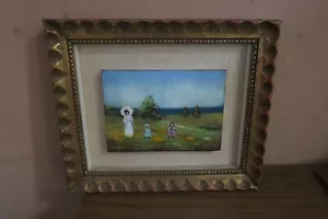 Vintage Enamel On Copper Painting Signed Framed 5"x7" Family in Meadow Landscape - Picture 1 of 5