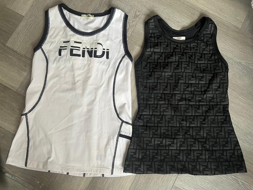 X2 set canottiere canottiera FENDI zucca monogramma e bianca stampa frontale UK 8 10 S M