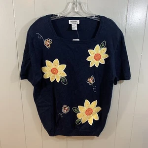 Memories by Allison Lane Kurzarm-Pullover dunkelblau Blumen bestickt L NEU - Bild 1 von 10