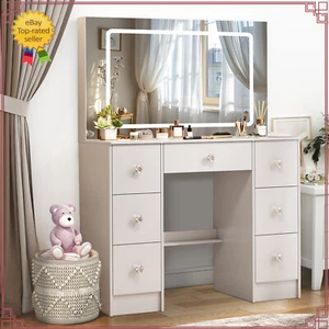 Large Dressing Table With LED Makeup Mirror 7 Drawers White Vanity Dresser Desk - Picture 1 of 11