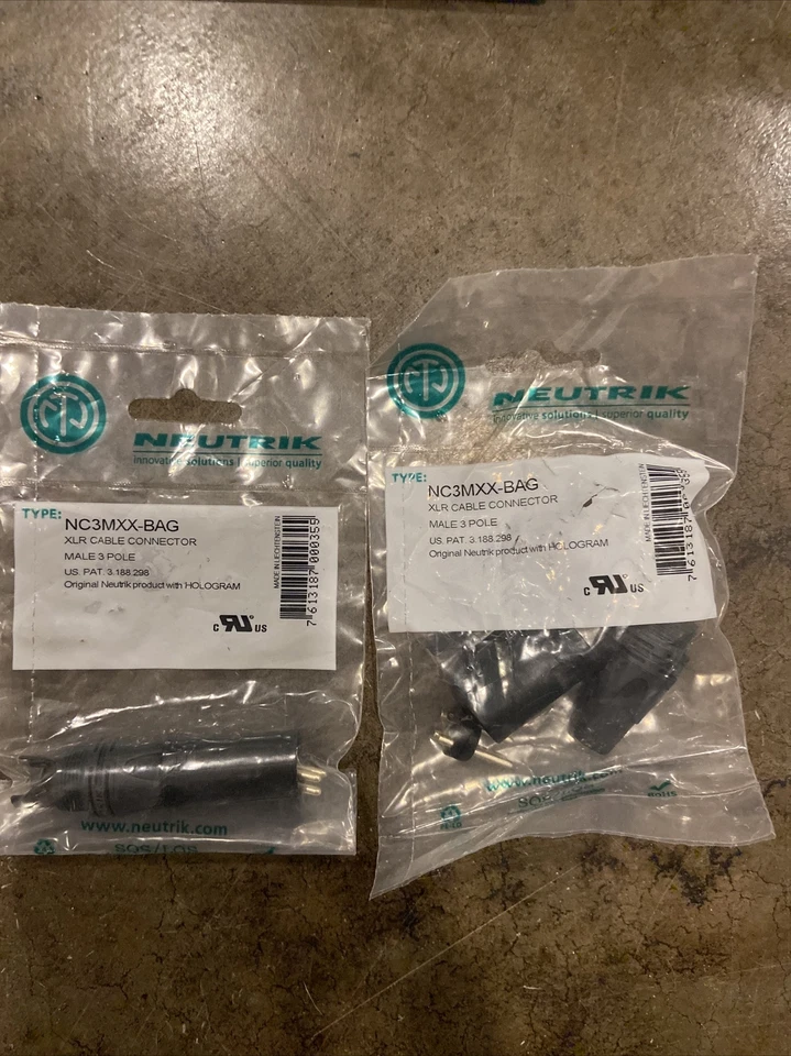 (Lot of 2) NEUTRIK NC3MXX-BAG 3-Pin XLR Male Cable Mount Connector - Black Shell - Image 1 of 1