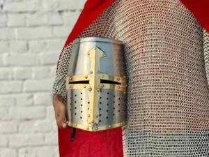 Medieval Crusader Helmet | Steel & Brass Knight Armor | Ren Faire Cosplay Helmet - Picture 1 of 8