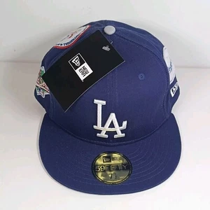 New Era LA Dodgers Cap Blue Fitted Hat Size 7 1/2 Championship Patches 59fifty - Picture 1 of 18