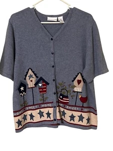 Home Sweet Home Cardigan Maglione XL Blu Birdhouse & Star Design Cottagecore - Foto 1 di 8