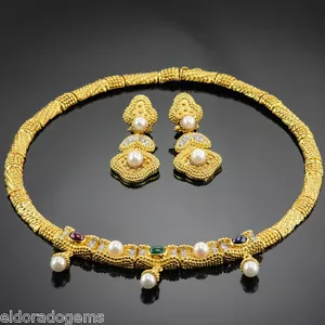 1,0 KT DIAMANT 4,0 KT EDELSTEINE, PERLENHALSKETTE & OHRRINGE SET 18K GELBGOLD - Bild 1 von 12