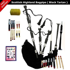 Scottish Highland Bagpipe Rosewood Black Tartan Free Reeds Chanter Silver Mounts - Picture 1 of 3