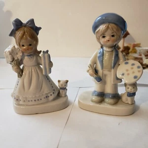 Vintage Enesco Girl & Boy Porcelain Figurines Flowers Kitten Artist 4.5” - Picture 1 of 7