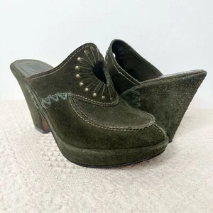 Frye Olive Green Suede Ingrid Apron Clog Mules 6.5 Western Boho Platform - Picture 1 of 9