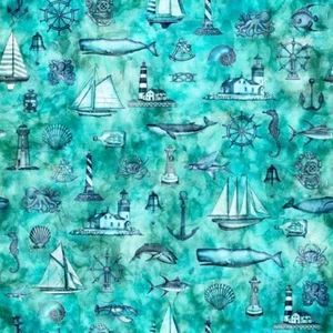 Quilting Treasures - Sirens Call - Coastal Collage - Turquoise, Fabric BTY - Picture 1 of 5