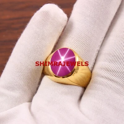 Lab Created Linde Star Ruby With 18K Gold Plated Silver Men's Ring #1047 - image 1 of 4
