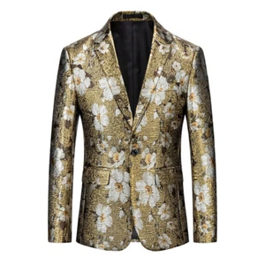 Shiny Metallic Men Dress Jacket Suit Blazer Coat Top Floral Notch Lapel Wedding - Picture 1 of 11