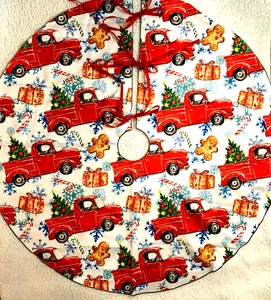 Christmas Tree Skirt Red Truck Pattern 36" Diameter Red Ties Fabric NEW - Picture 1 of 6