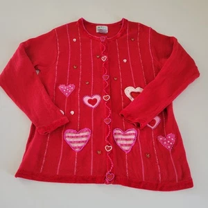 Quacker Factory Cardigan Rosso Cuori Perline San Valentino Amore Taglia Large Usato in Ottime Condizioni - Foto 1 di 9