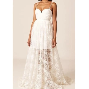 $595 NWT SAU LEE Selena Floral Lace Midi Dress, White, 0 (US) - Picture 1 of 11