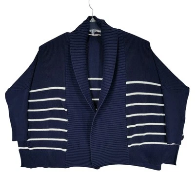 Athleta Cardigan Sweater L Women Peaceful Wrap Navy Blue White Stripe Nautical - Image 1 of 4