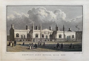 Impresión antigua de 1828; Brewer's Almshouse, Mile End, Londres después de Shepherd - Imagen 1 de 2
