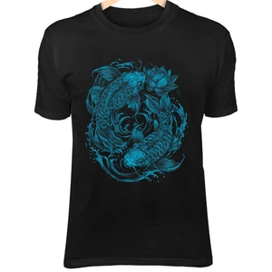 Tatuaje Aqua Cyan Koi Yin-Yang - Loto, cintas onduladas y grabado de línea en negro II - Imagen 1 de 3