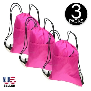 3 Packs Pink Drawstring Backpack Zippered Pocket Sport Gym Waterproof Cinch Sack - Picture 1 of 3