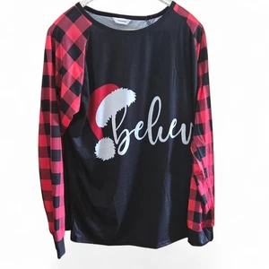 CuteMatchy Men's 2XL Black and Red Plaid 'Believe' Long Sleeve Holiday Shirt - Picture 1 of 11