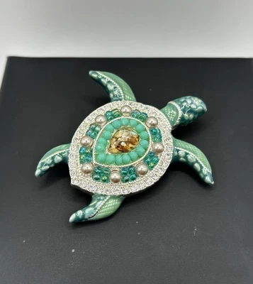 Napier Sea Turtle Brooch Blue Enamel Rhinestone Faux Pearl Silver Tone - Image 1 of 4