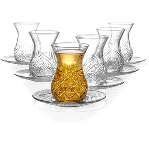 Set aus 6 türkischen Teetassen in Tulpenform 6 flüssige Unzen geschliffenes Glas mit Untertassen, klar - Bild 1 von 6