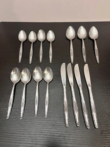 Vintage MCM Set 15 Interpur Japan Stainless Steel Flatware Single Rose Pattern - Picture 1 of 5