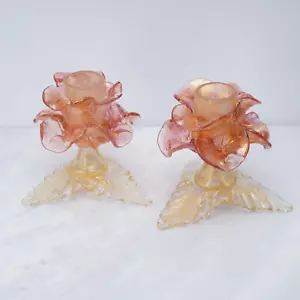 Pair Murano Italy Art Glass Flower Candle Holder Opalescent Gold Rose Pink 1960s - Picture 1 of 23