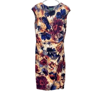 Ralph Lauren Yellow Colorful Floral Faux Wrap Sleeveless Sheath Dress Size 8 - Picture 1 of 10