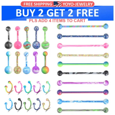 10x Colorful Steel Nose Belly Button Ring Industrial Babell Piercing Kit 14G 16G - Image 1 of 4