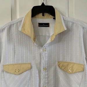 Stacy Adams Shirt Adult XXL White Yellow Seersucker Button Up Camp Casual Mens - Picture 1 of 9