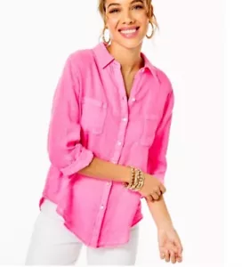 Lilly Pulitzer Leinen Bluse XS Rosa Meerblick 2 Taschen Button Down Oberteil Frühling - Bild 1 von 7
