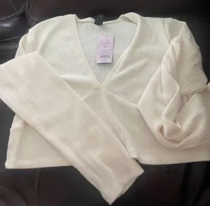 Wild Fable V Neck Sweater Long Sleeve Ribbed Cropped Cream XXL - Picture 1 of 2