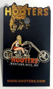 MARYLAND HGTS, MO - HOOTERS BLONDE GIRL ON A BLACK MOTORCYCLE BIKE PIN - Picture 1 of 2