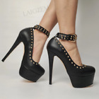 Women Pumps Metal Studs Round Toe Slip On High Heels Party Club Shoes Big Size