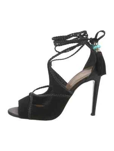 AQUAZZURA Black Leather Tassel Accents D'Orsay Pumps Size 6.5 IT 36.5 Very Good  - Picture 1 of 4