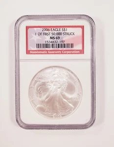 2006 S $1 Argento American Eagle Selezionato Da NGC Come MS-69 1 Di Primo 50,000 - Foto 1 di 4