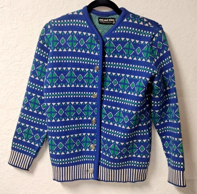 Suéter cárdigan vintage de lana virgen pura Demetre para mujer - azul/verde, talla M Foto 1 de 4