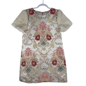 GB Mädchen Kleid XL bestickt Brokat Kunstfell Kurzarm Party Metallic Blumen - Bild 1 von 8