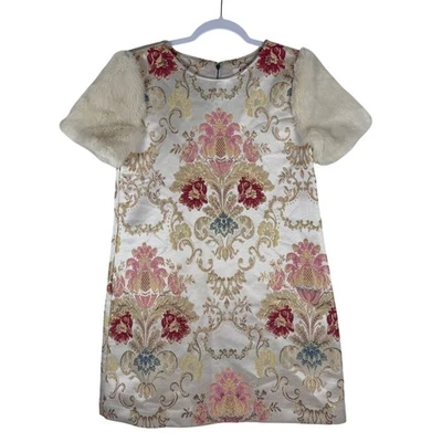GB Girls Dress XL Embordered Brocade Faux Fur Short Sleeve Party Metallic Floral - Image 1 of 4