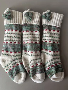 Lot/3 Aspen Chunky Knit Acrylic Christmas Sockings Ivory Green Red Lined - Picture 1 of 6