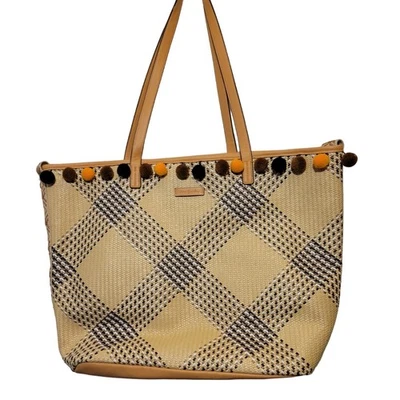 Bolso de Playa Vera Bradley Tejido Natural Paja Azul Tostado Pompones Naranja Marrón Negro Foto 1 de 4