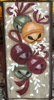 *~* HAND PAINTED JINGLE BELLS *~* CHRISTMAS *~* HOLIDAY *~* RECLAIMED WOOD - Image 1 of 2