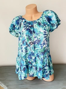 Coastal Top L 👀 Tropical Cottage Flutter Slv Teal Blue Babydoll Coconut Girl - Bild 1 von 7