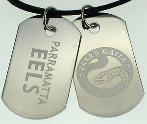 PARRAMATTA EELS NRL LOGO MENS DOUBLE DOG TAG S/S LEATHER NECKLACE JEWELLERY - Foto 1 di 1